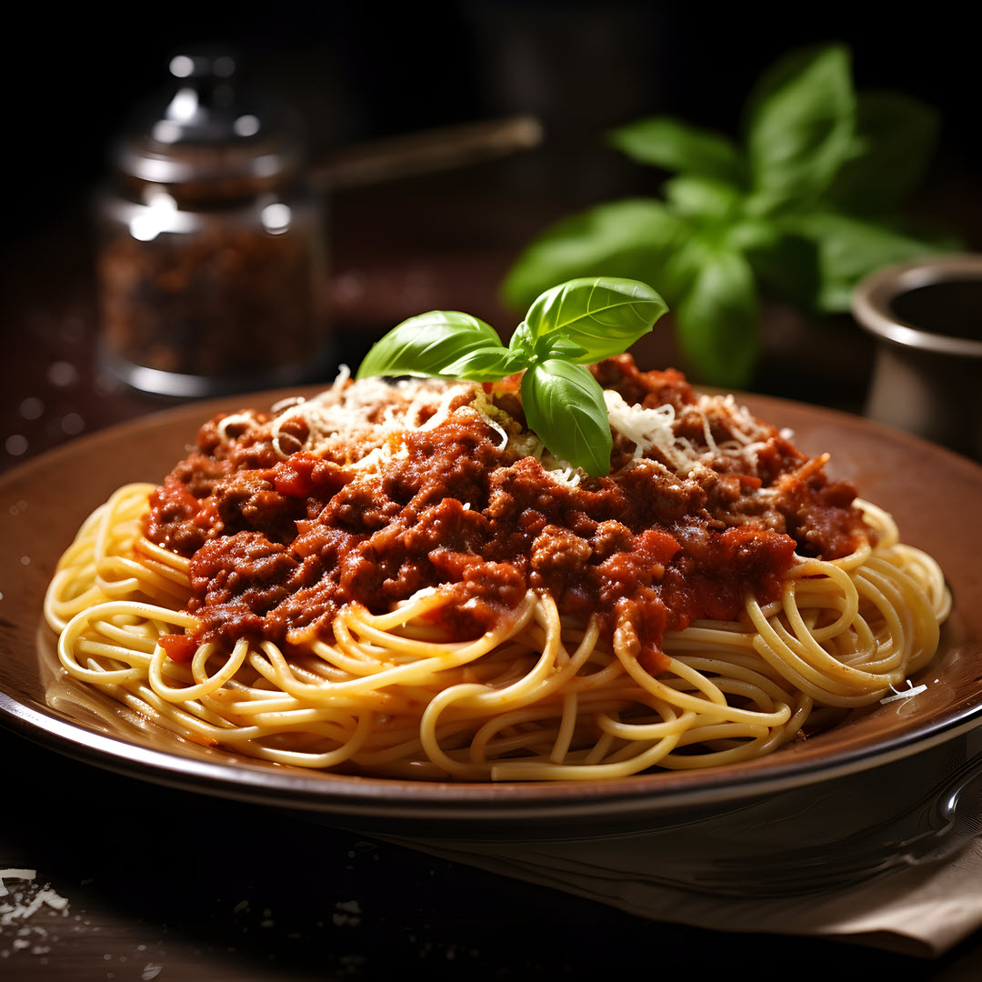 Ein delikates Gericht aus al dente gekochten Spaghetti, begleitet von einer herzhaften Tomatensauce mit fein gewürztem Bio Angus Faschiertem.