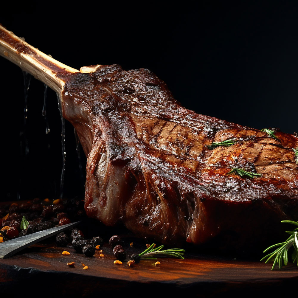 Ein beeindruckendes Stück Fleischkunst - Das Dry Aged Tomahawk Steak vom Bio-Angusrind.